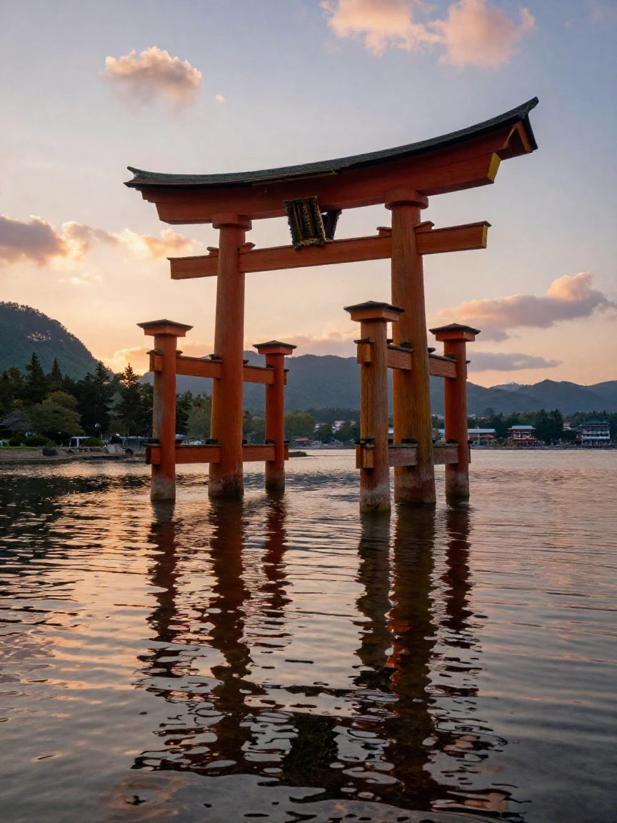 A traditional Japanese torii gate standing in shallow water