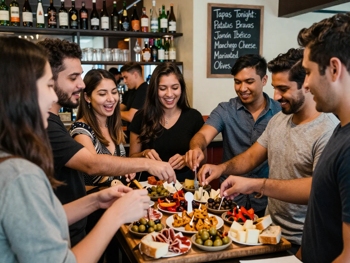 A group shares a giant tray of tapas at a crowded standing-room bar.
