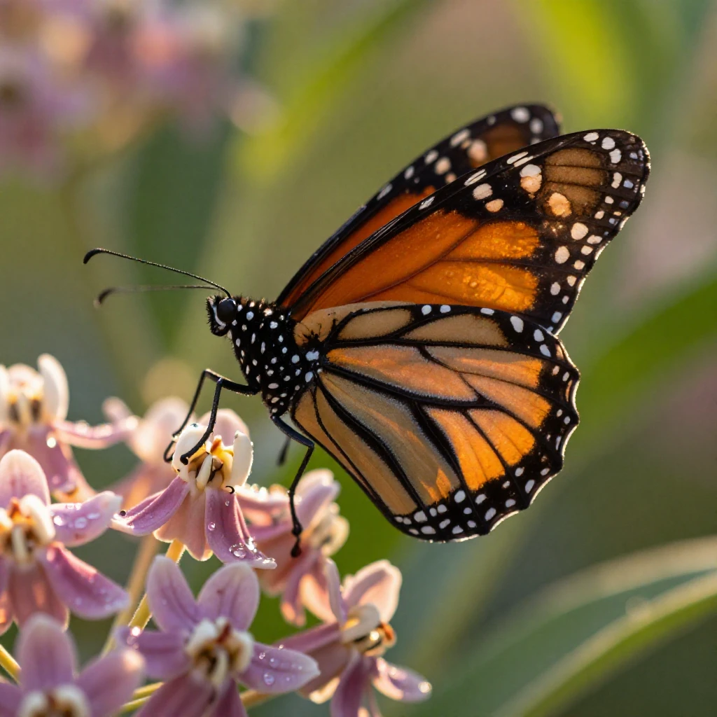A close-up of a monarch butterfly's wings resting on a milkweed flower