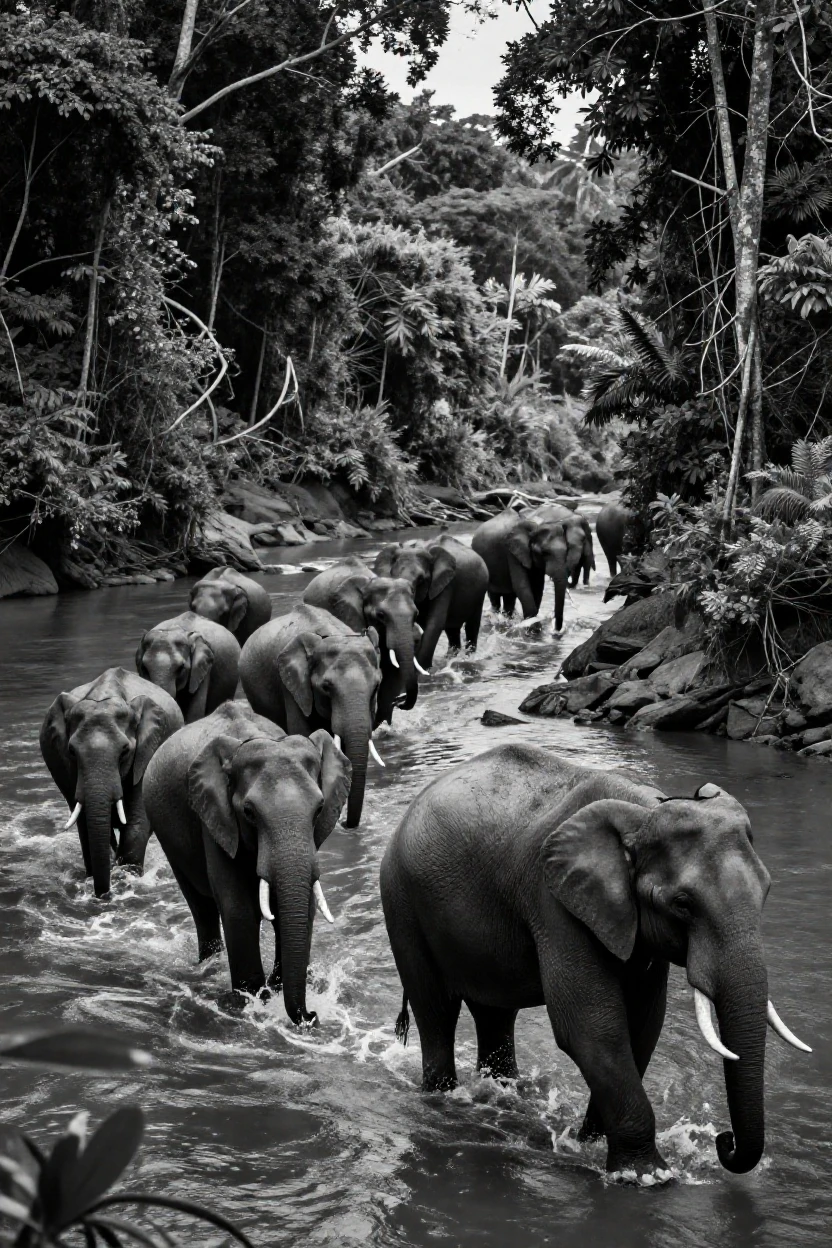 A herd of elephants wades across a shallow river through a dense tropical jungle.