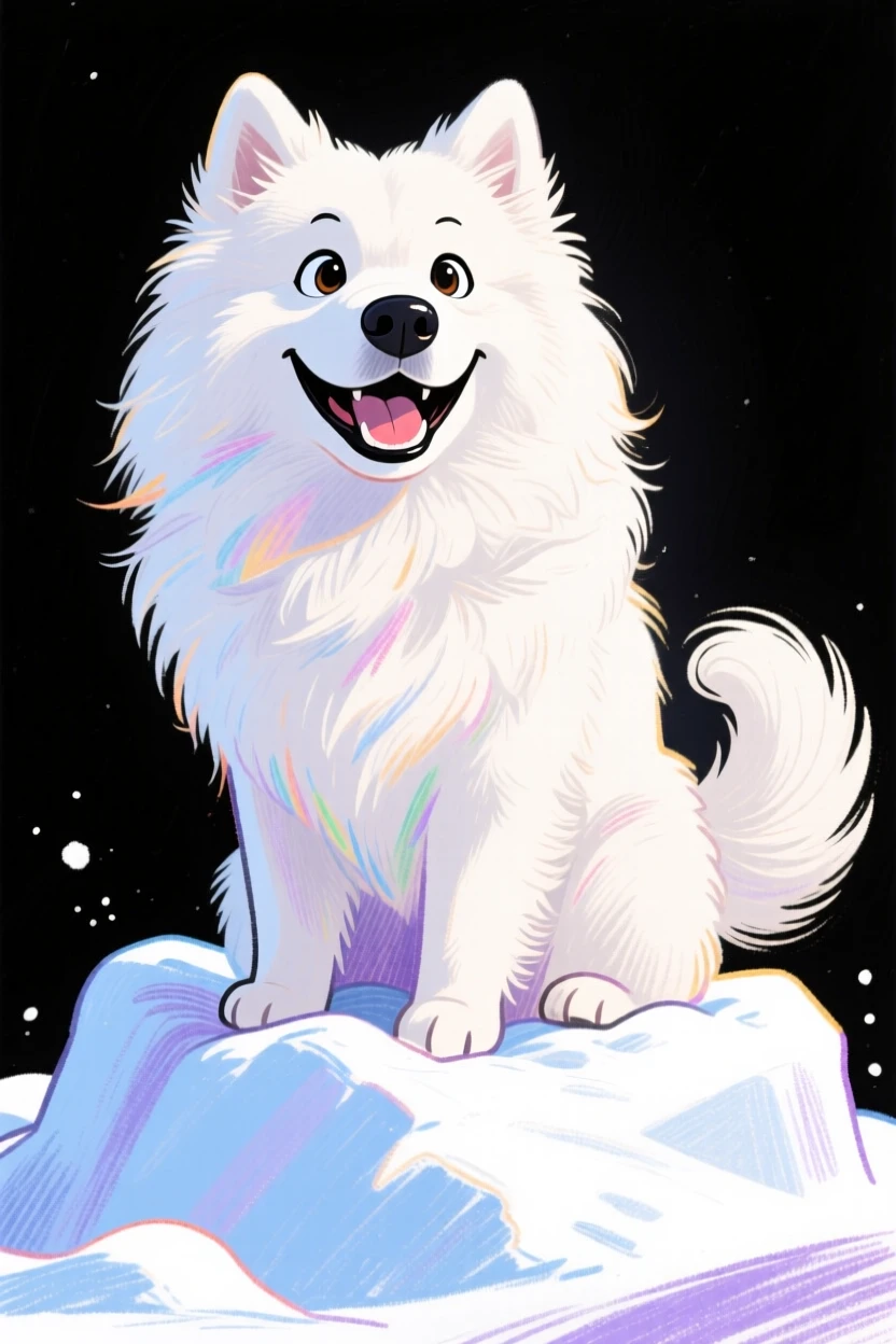 A fluffy Samoyed dog with a permanent smile, sitting proudly in a pile of snow.