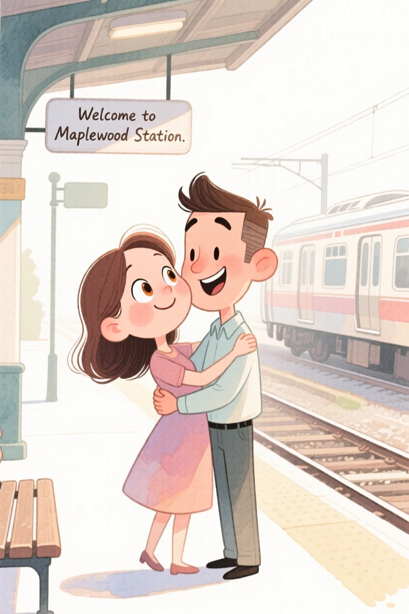 A couple on their first date exchanging a warm hug at a train station platform
