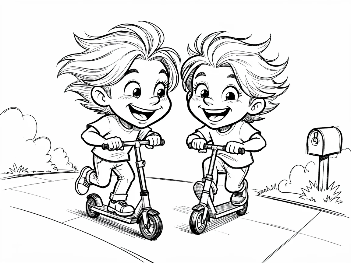 [Family & Relationship Moments] Heartwarming scene of siblings racing each other on scooters down a driveway, radiating love and warmth