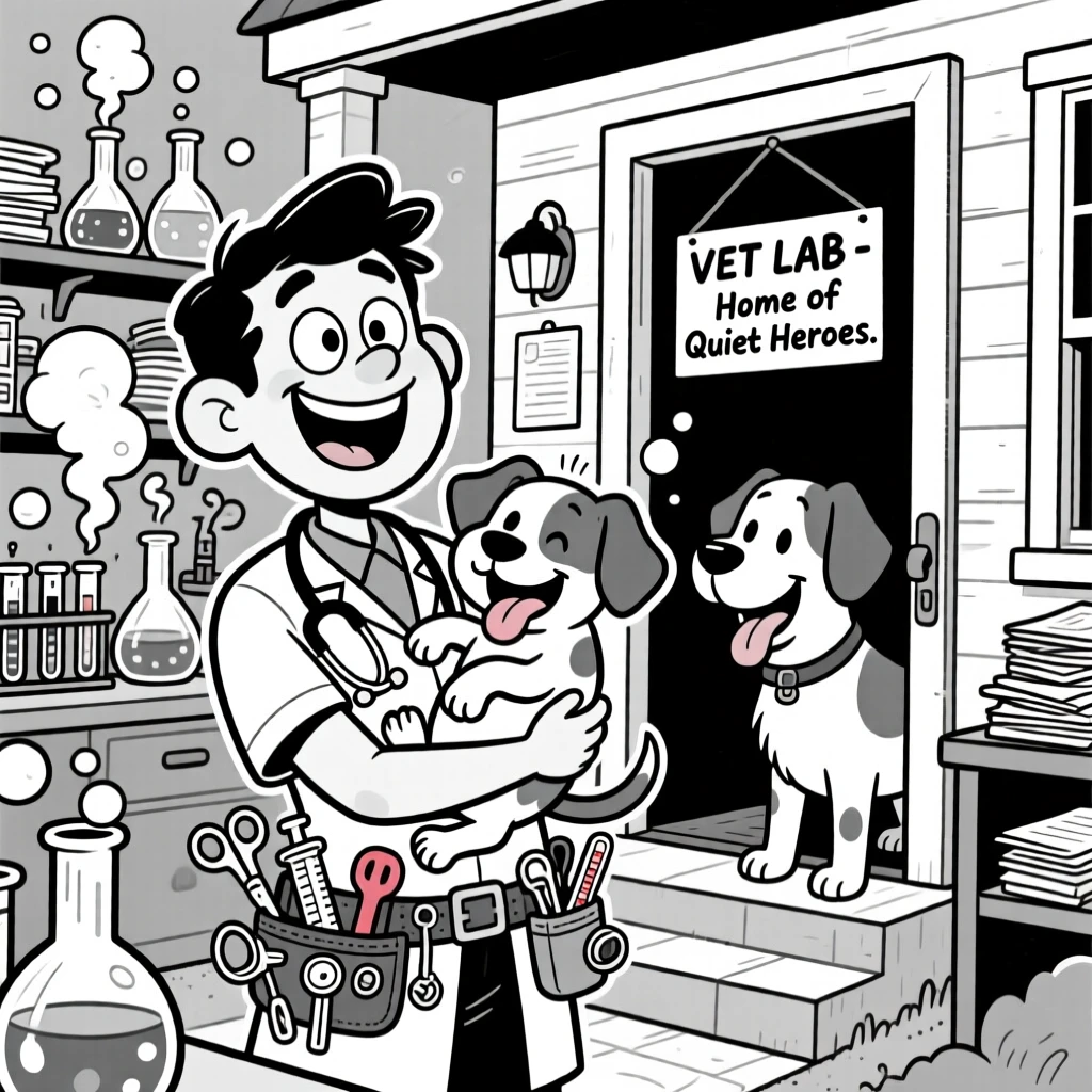 A dedicated veterinarian cradling a wiggly puppy, delivering a package to a house guarded by an overly friendly dog, set in a lab cluttered with bubbling test tubes. A tool belt jingles with mismatched gadgets. The scene celebrates the quiet heroism of everyday work.