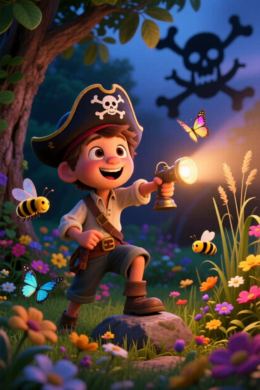 A kid pretending to be a pirate captain takes place in a garden full of buzzing bees and butterflies, with a flashlight casting playful shadows. The atmosphere feels fun, spirited, and full of laughter.