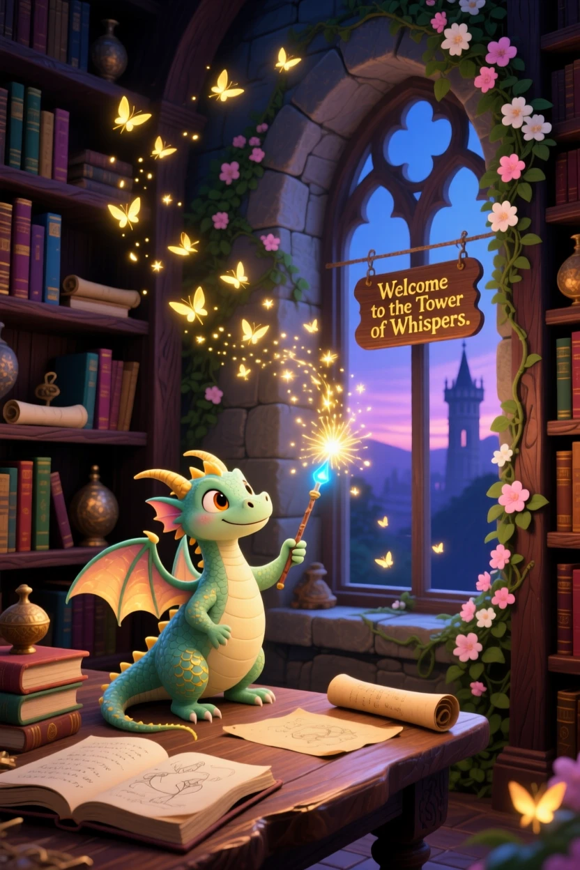 A small dragon with tiny wings is casting a spell that fills the sky with fireflies in an ancient library tower, while a gentle breeze carries the scent of flowers.