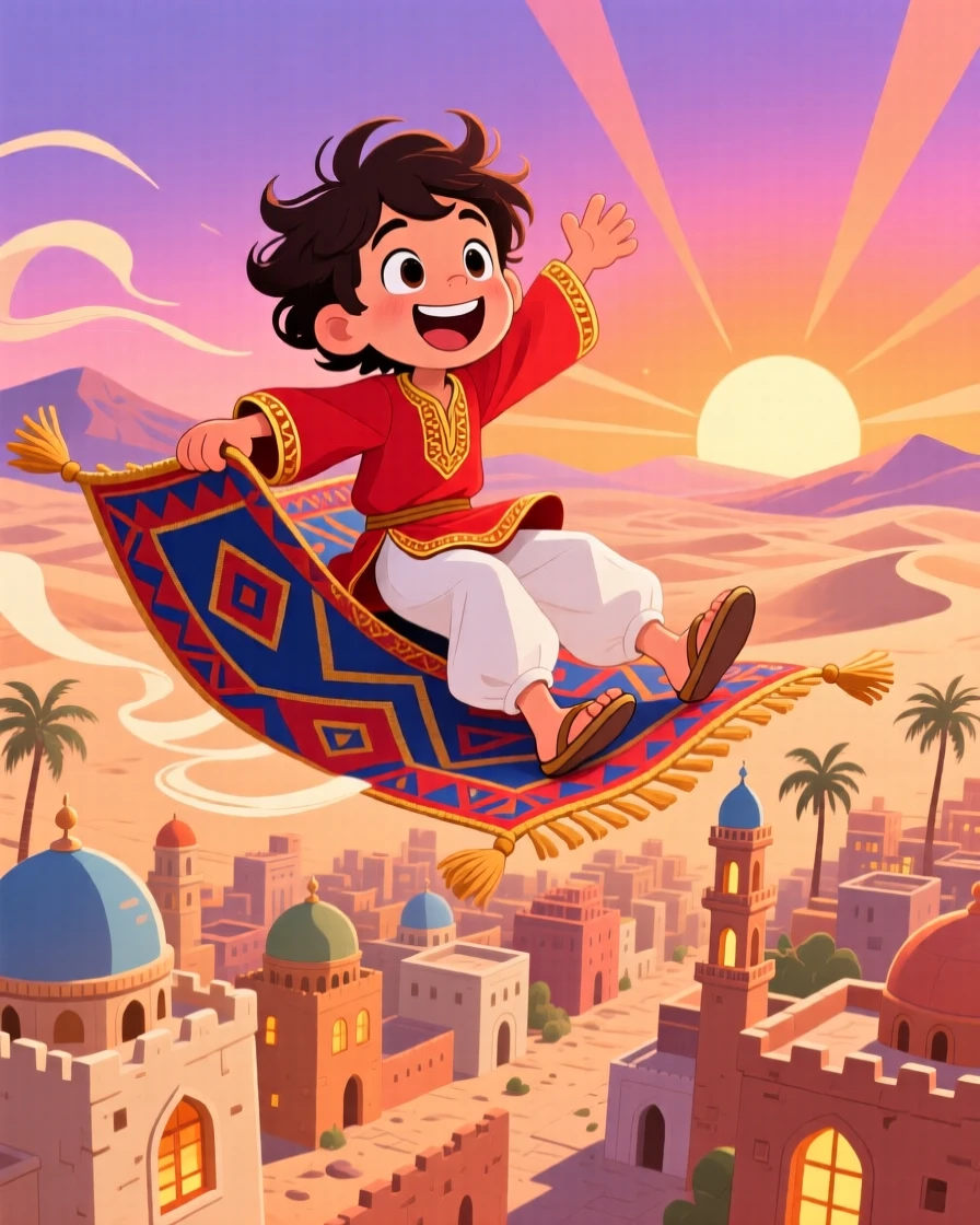 A boy riding a flying carpet over a desert city at sunset.