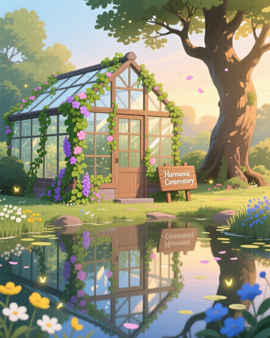 A charming view of a greenhouse conservatory filled with glass panes and climbing vines, reflected perfectly in a still nearby pond.
