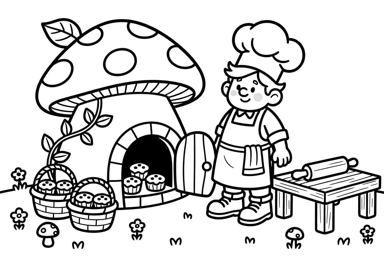 A gnome baker pulling tiny pies from a mushroom oven