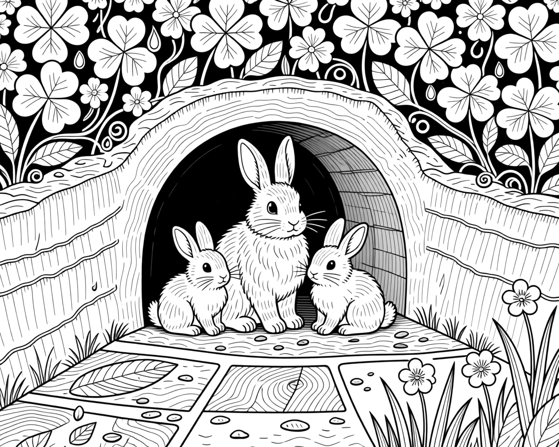 A rabbit family nestled in a burrow surrounded by clover.