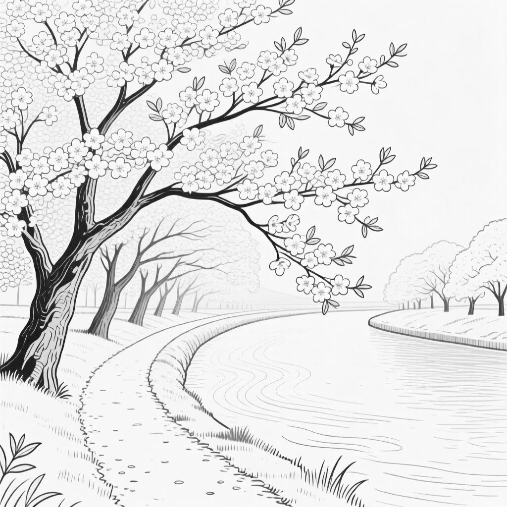 A cherry blossom grove in full bloom along a riverside path