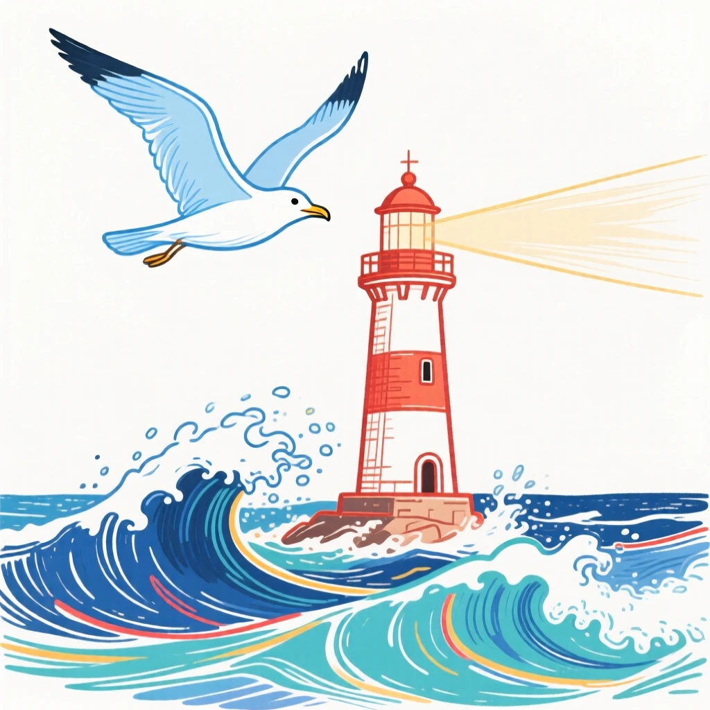 A seagull soaring over a lighthouse and crashing waves.