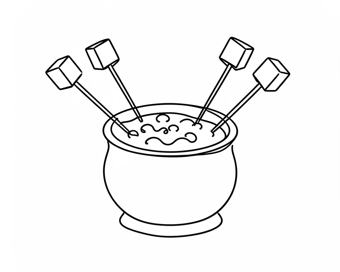 A bubbling cheese fondue pot surrounded by cubes of bread on skewers