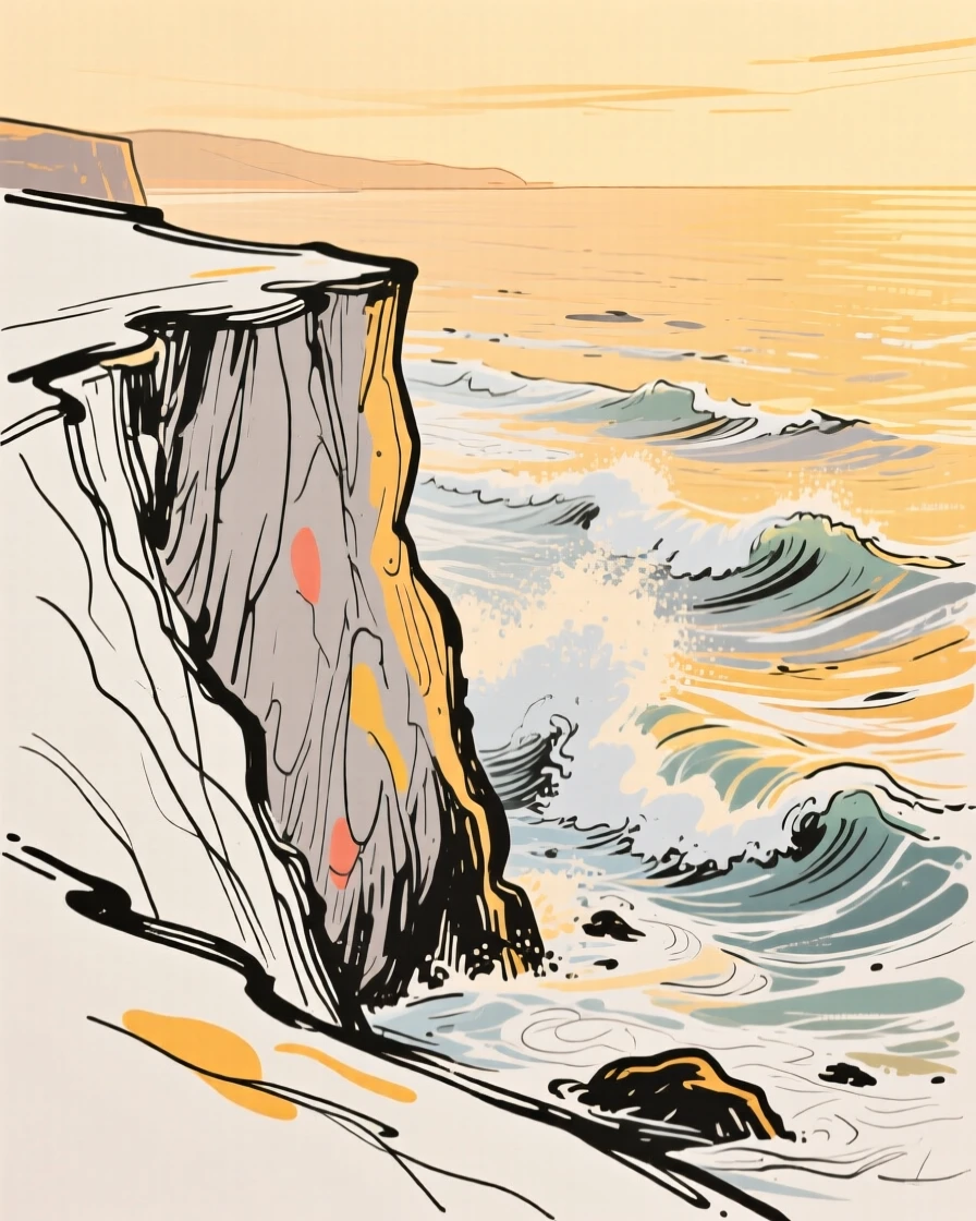 A coastal cliff overlooking crashing waves at golden hour.