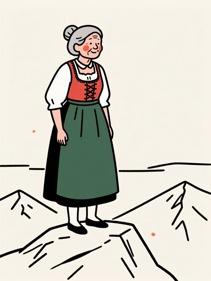 A proud grandmother wearing a Bavarian dirndl, on a mountaintop overlook.