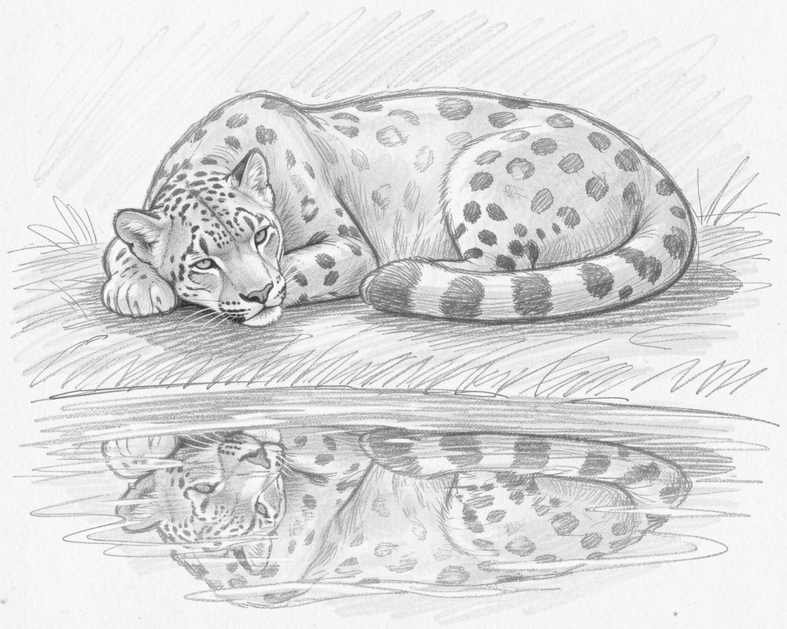 A majestic snow leopard napping in a patch of warm sunlight, with its reflection shimmering in a pond.