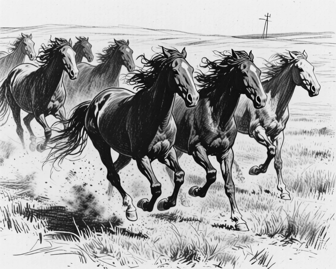 A herd of wild horses running freely across an open plain.