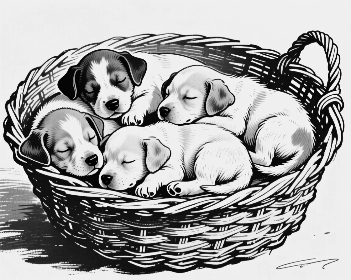 A litter of puppies piled together sleeping in a wicker basket.