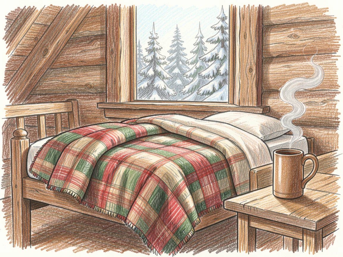 A cozy cabin loft with a plaid quilt and a view of snowy pines, with steam rising softly from a nearby mug, radiating warmth, comfort, and quiet domestic happiness.