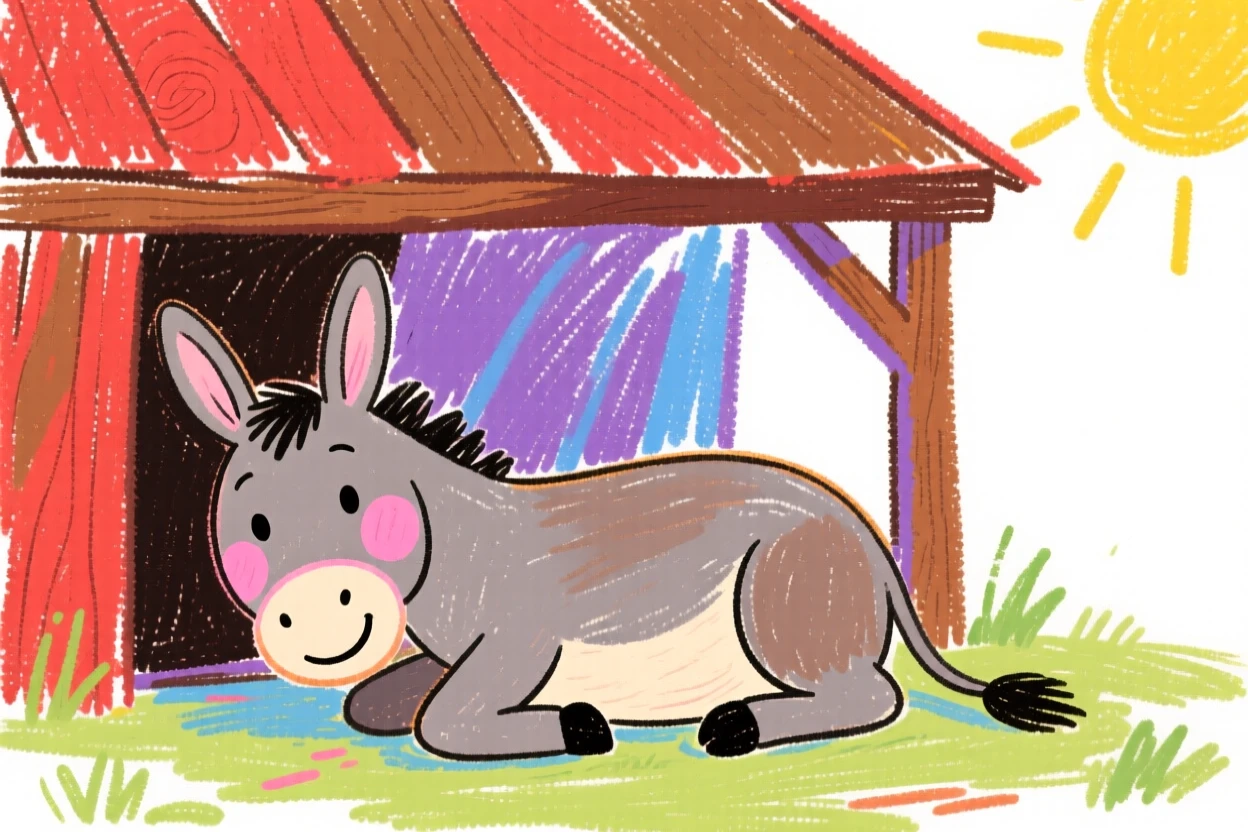 A donkey resting beneath the shade of a barn overhang.