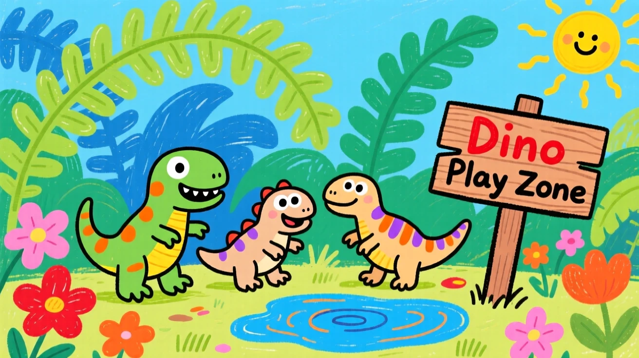 A playful pack of small compsognathus in a prehistoric jungle filled with giant ferns.