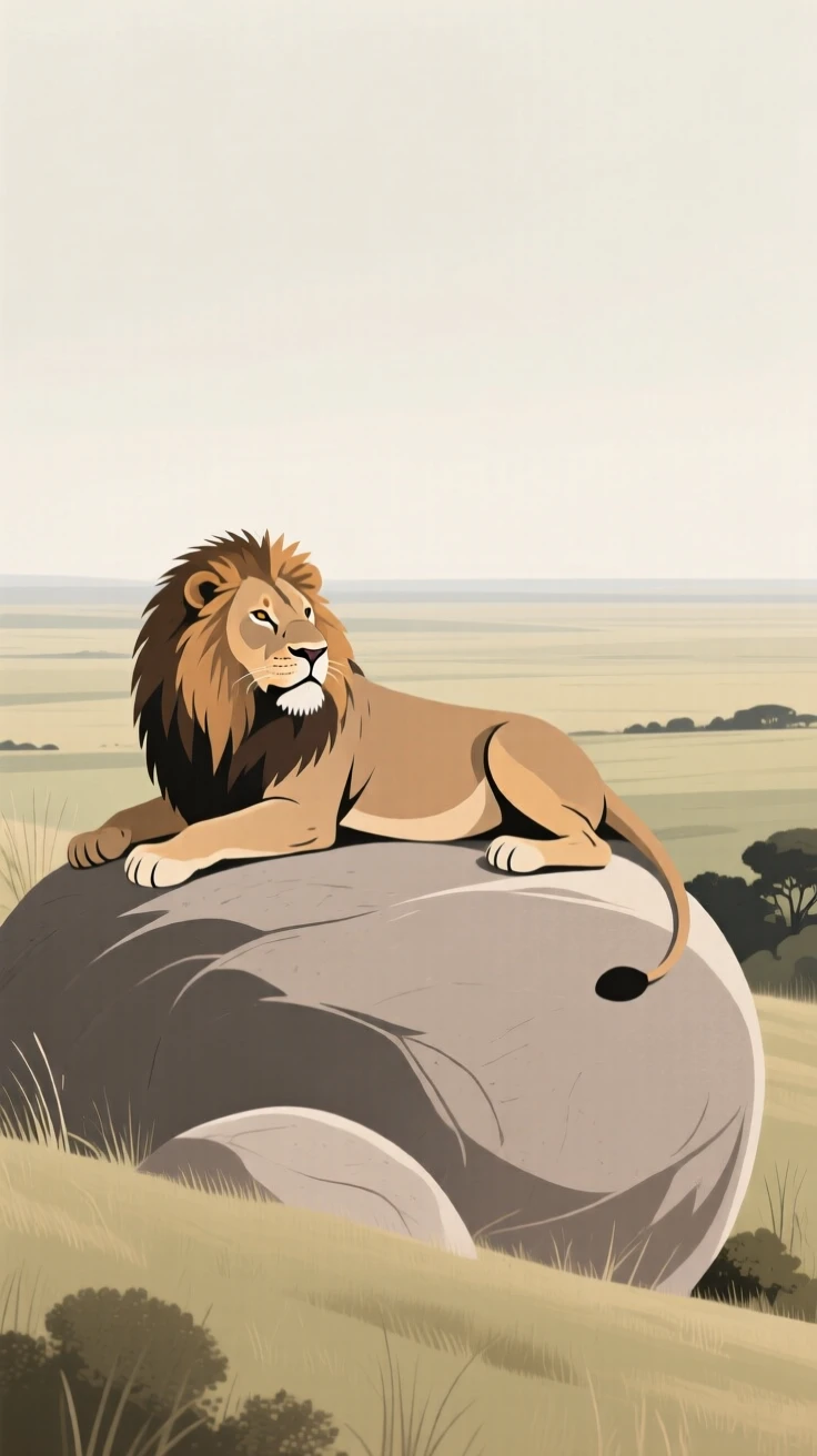 A majestic lion resting on a hillside boulder overlooking the open plains.
