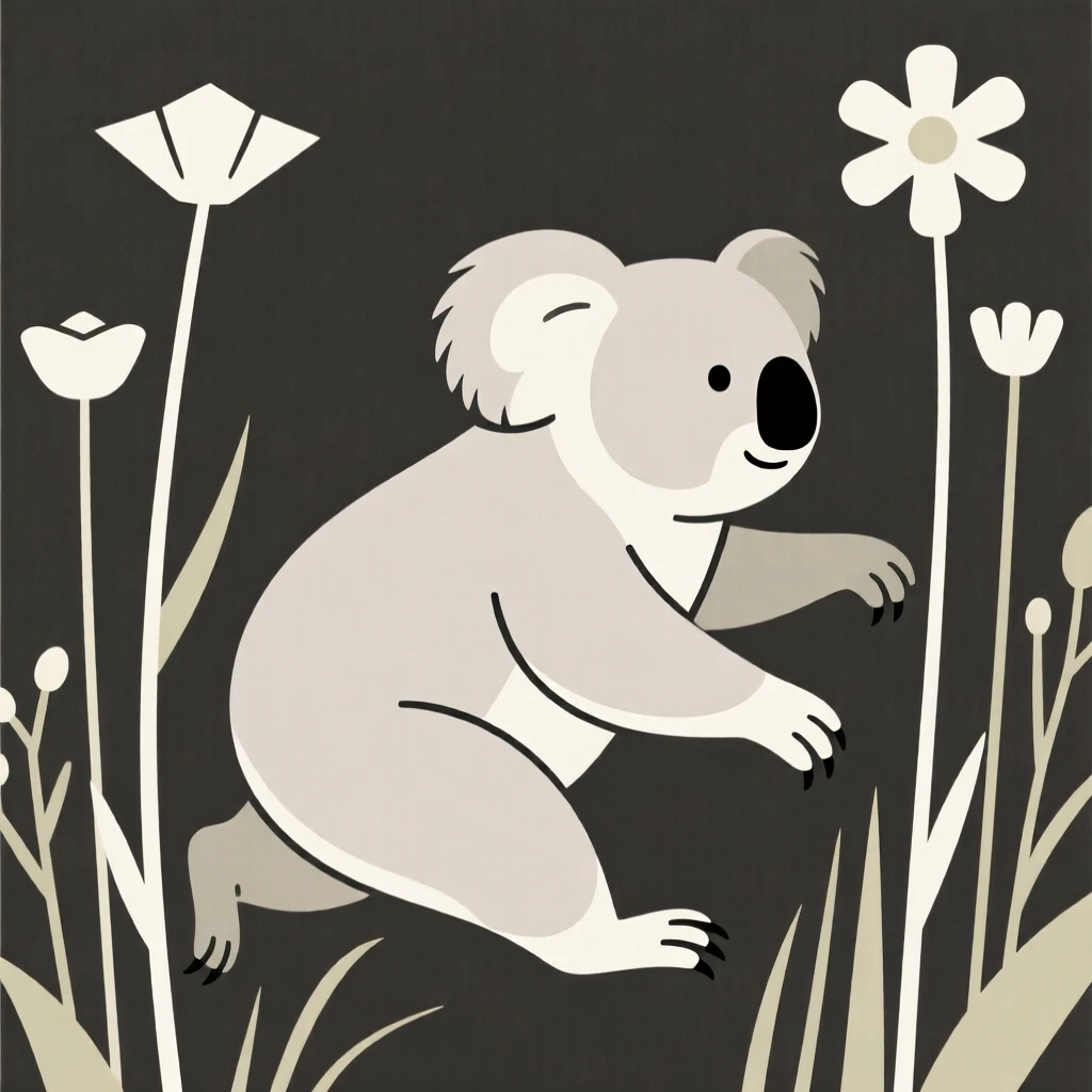 A close-up view of a koala moving gracefully through its habitat, surrounded by tall wildflowers, full of wild freedom.