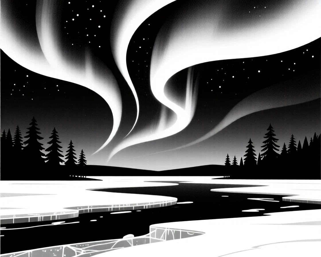 The northern lights dancing over a frozen lake.