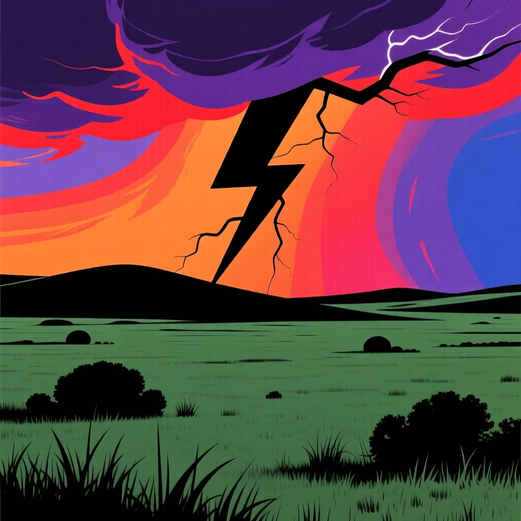 A dramatic thunderstorm rolling across an open prairie, lightning splitting the sky.