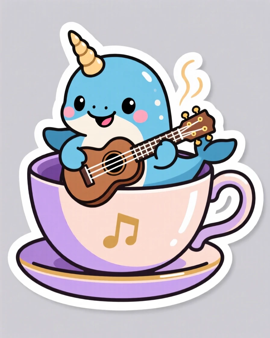 A mischievous baby narwhal playing a miniature ukulele, inside a giant teacup.