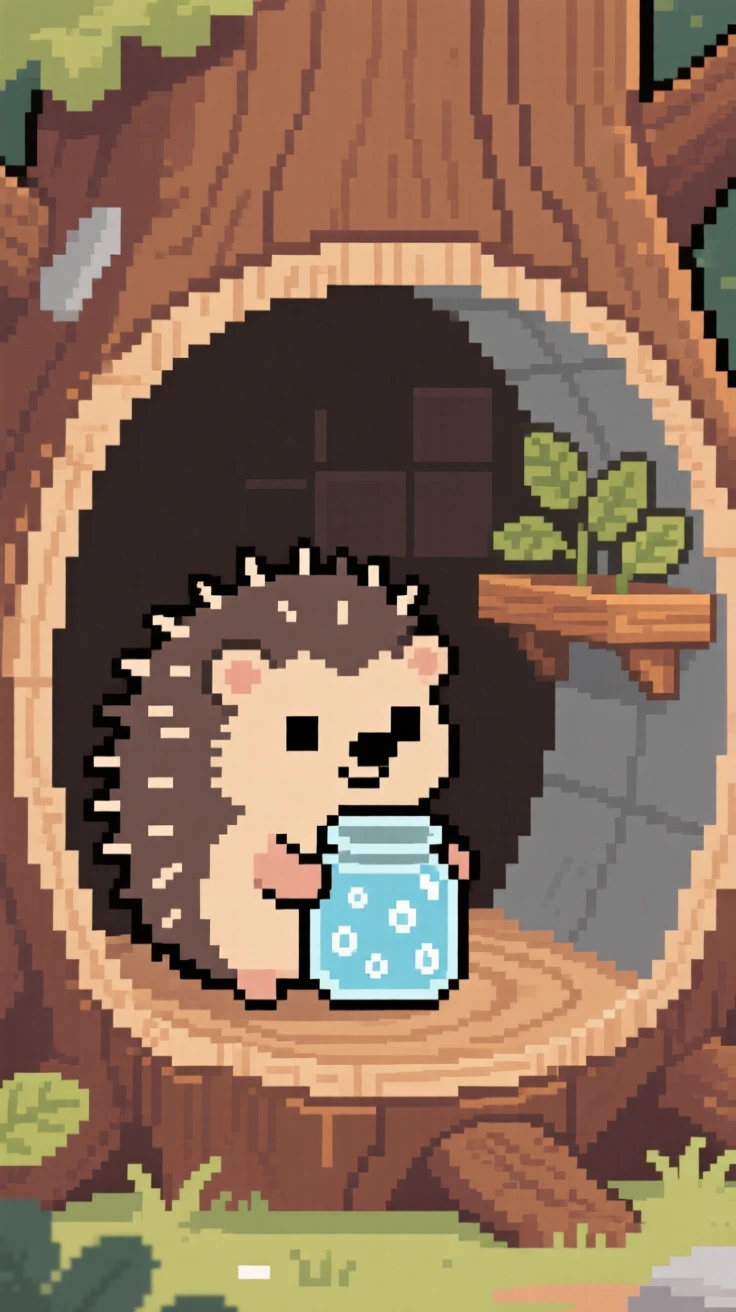 A tiny hedgehog collecting dewdrops in a jar, inside a hollow tree stump home.
