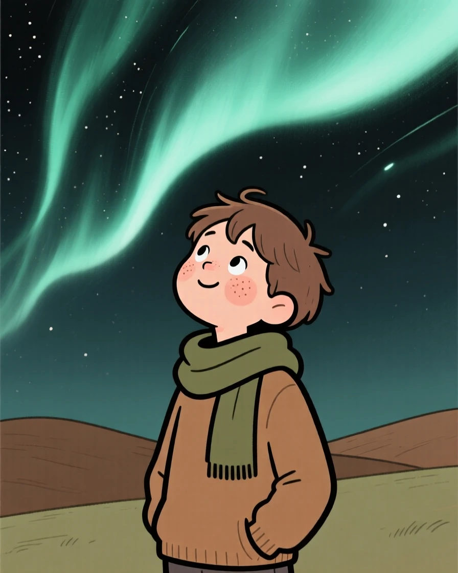A curious teenager looks up in quiet wonder at the northern lights overhead, a soft smile spreading across their face as a feeling of gratitude settles over the scene.