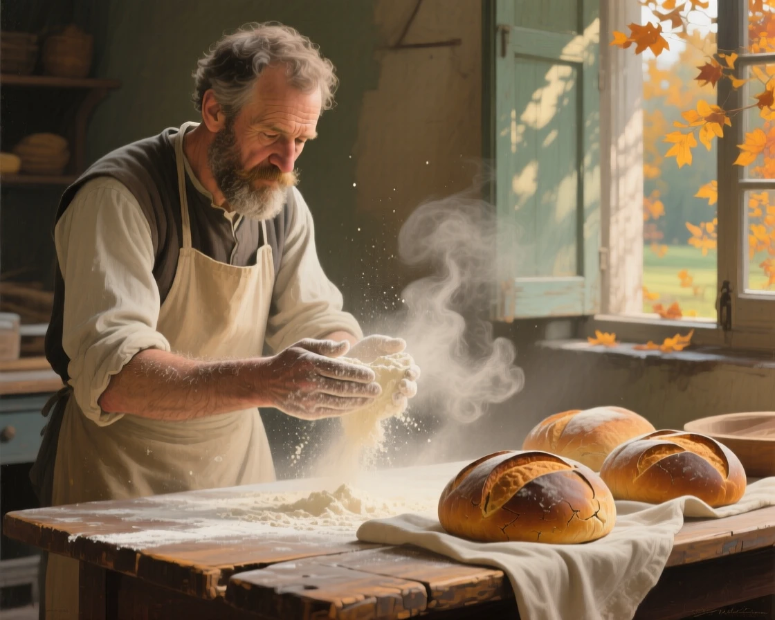 A close-up portrait of a baker dusting flour from his hands, fresh loaves cooling nearby, in mid-autumn, in a soft summer breeze.