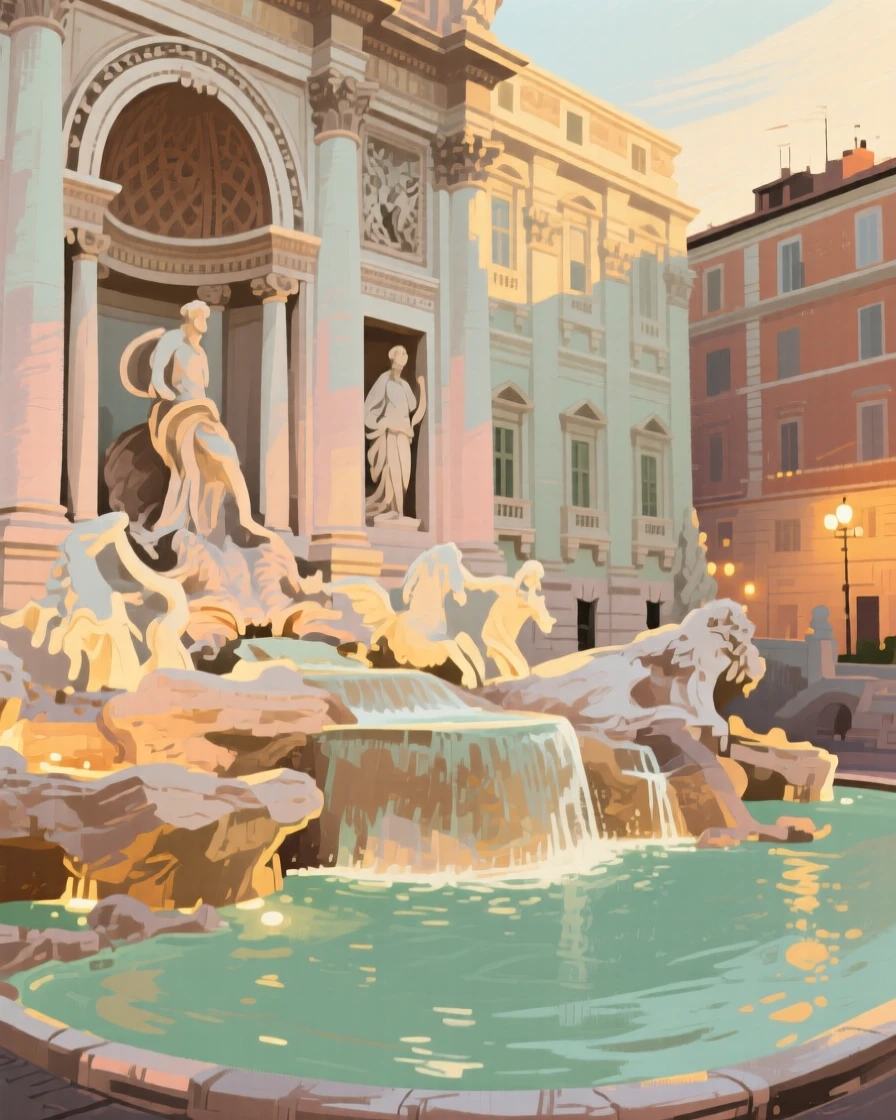 The Trevi Fountain glowing beneath the lights of old Rome