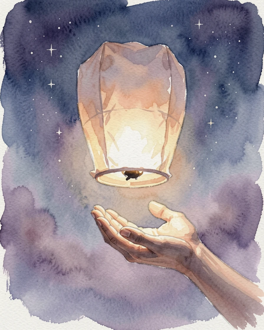 A pair of hands releasing a paper lantern into the night sky with a gentle, restorative stillness.