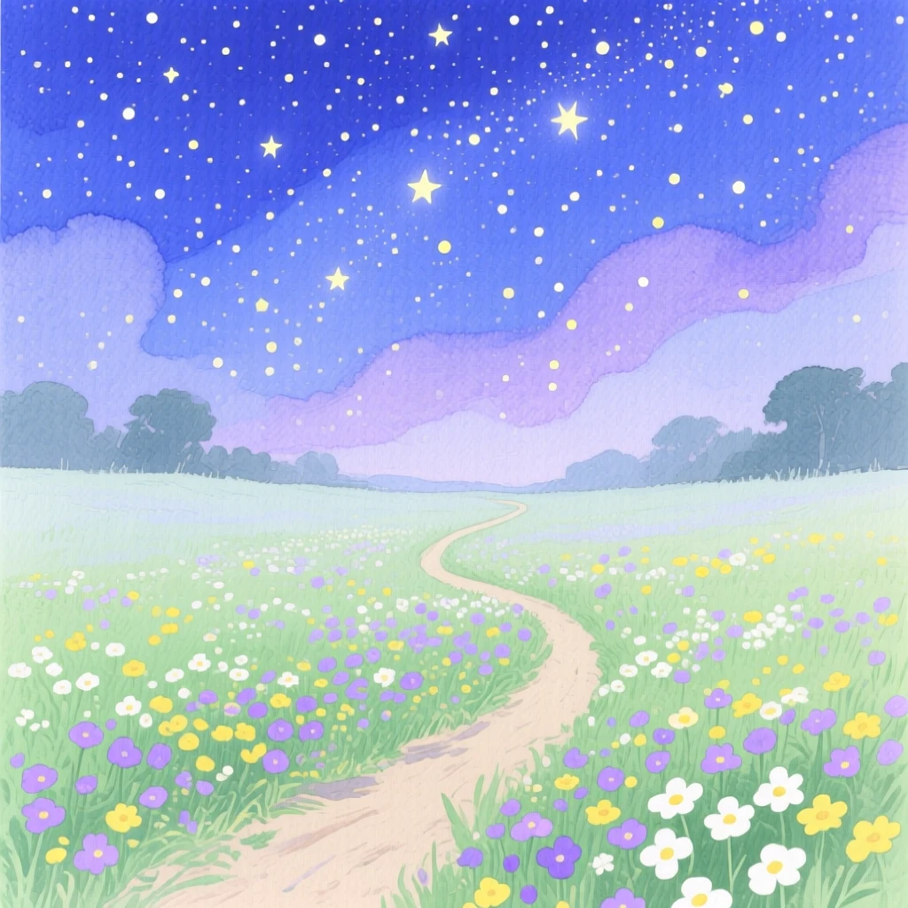 A breathtaking view of a wildflower meadow under a canopy of stars, with a narrow path winding through