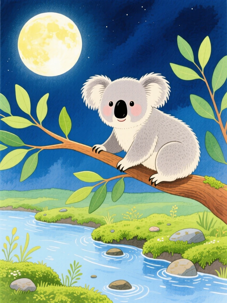 A koala clinging to a eucalyptus branch exploring a mossy riverbank under a full moon.