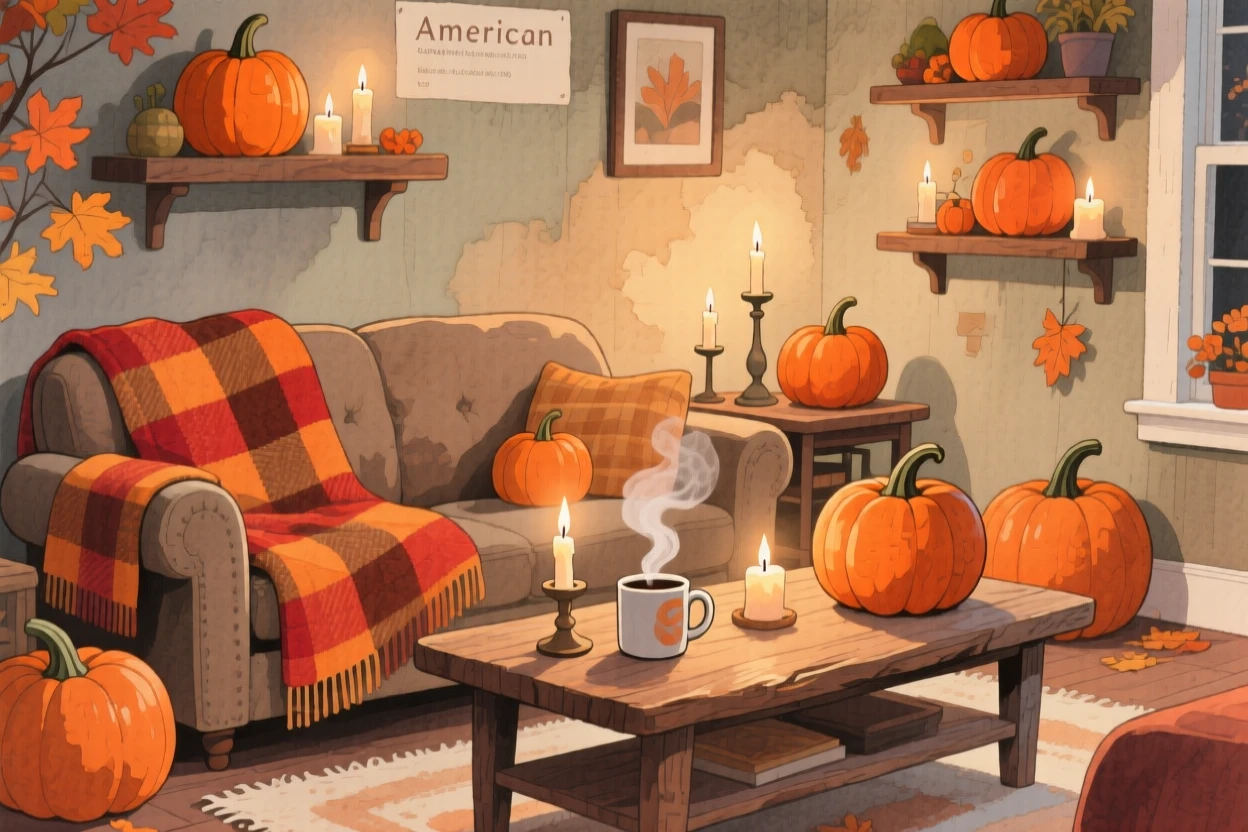 A living room decorated for autumn with pumpkins, candles, and a plaid throw blanket, with steam curling gently upward, evoking deep comfort and contentment.