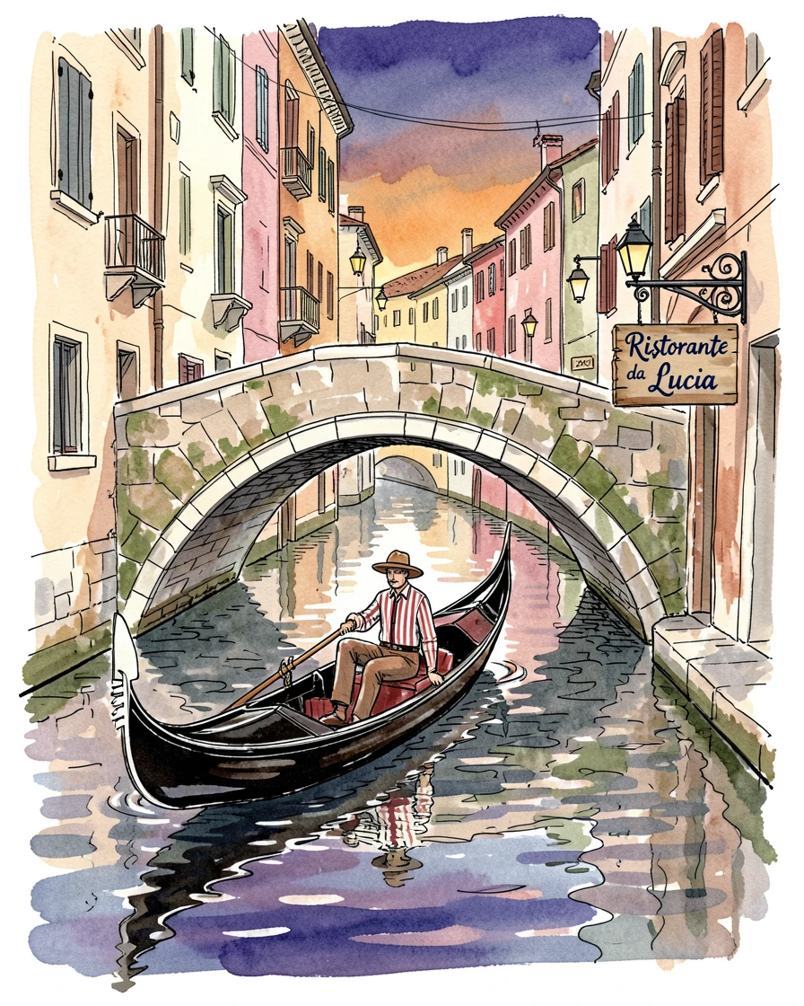A gondola gliding beneath an arched stone bridge in a quiet canal city at dusk