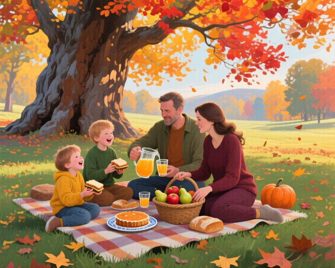a family picnic beneath giant trees, during the first days of autumn, with a balanced, spacious view of the surroundings.