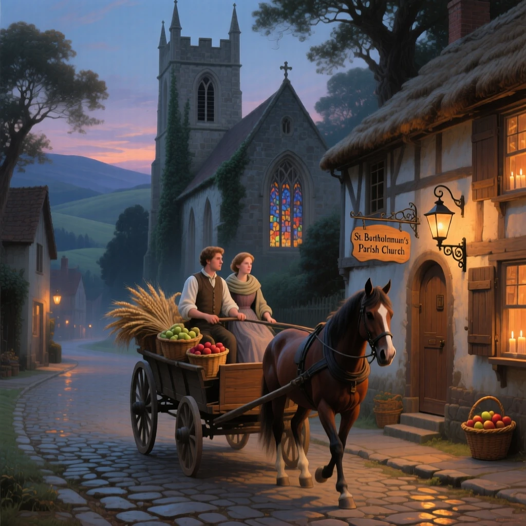 A young couple drives his cart through a village beneath an old stone church as lanterns glow in the dusk.