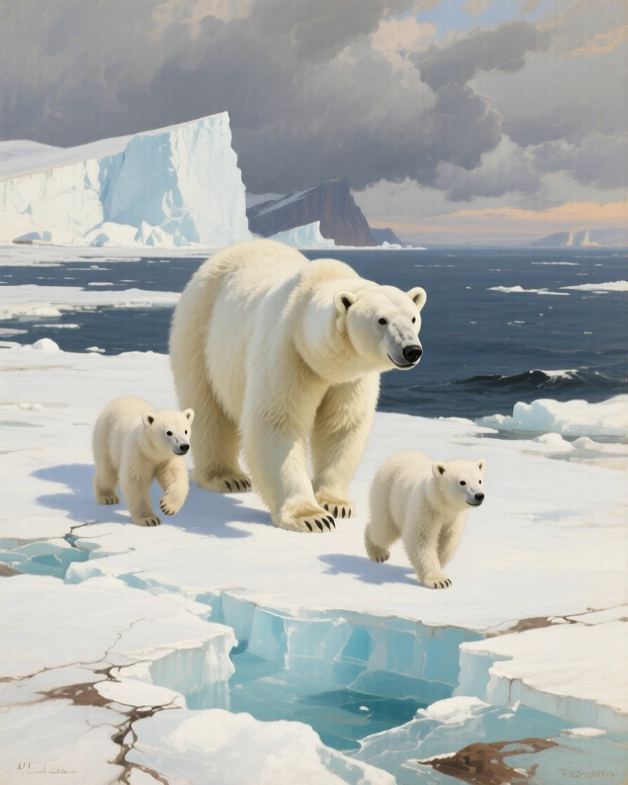 A mother polar bear and her two cubs walking across drifting sea ice, framed against a vast and dramatic natural backdrop, showing the animal in its truest, most authentic element