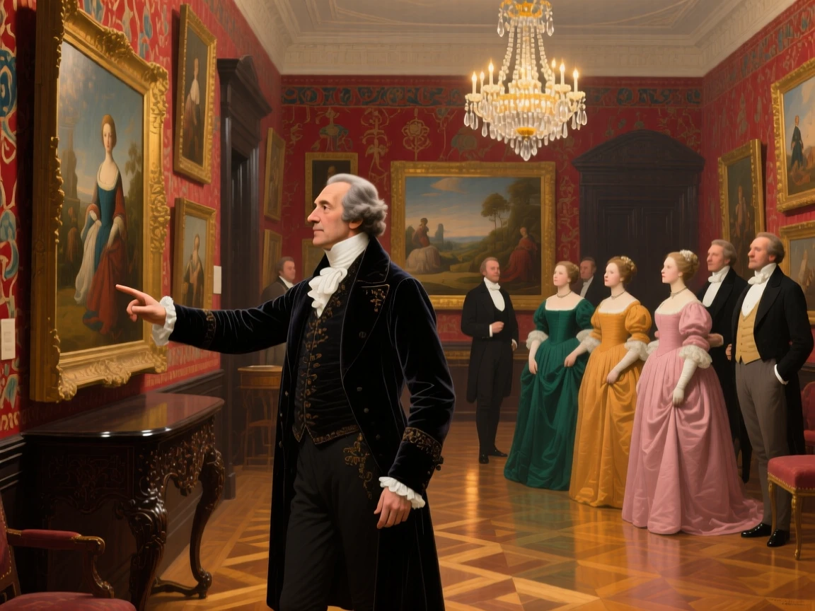 A wealthy patron admiring paintings in his private gallery amid the elegant bustle of a formal evening, set in a richly furnished drawing room with tapestried walls, with a grand chandelier casting warm light over polished parquet; converging sightlines from the guests draw attention to the central gesture, radiating celebration, elegance, and social grace.