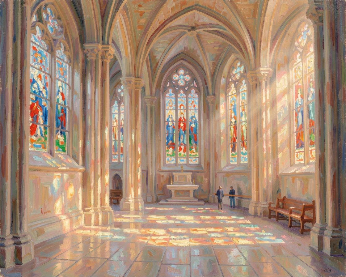 A grand cathedral interior with sunlight streaming through stained glass windows onto stone floors.