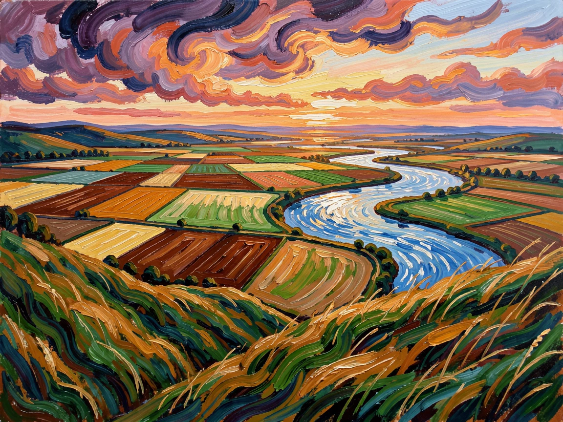 A wide river valley seen from a hilltop, patchwork farmland stretching to the horizon.