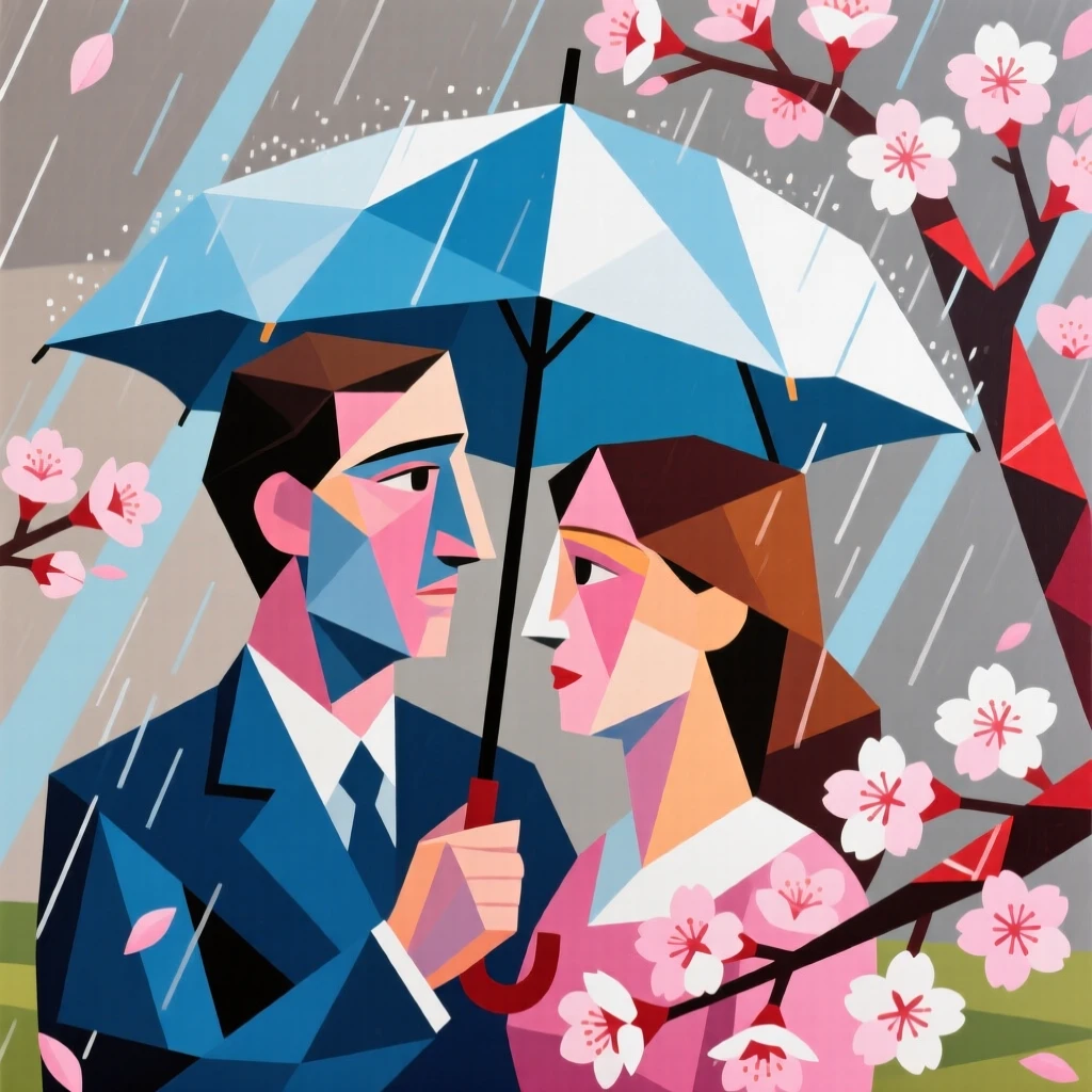 A couple sharing an umbrella while admiring cherry blossoms in gentle rain.
