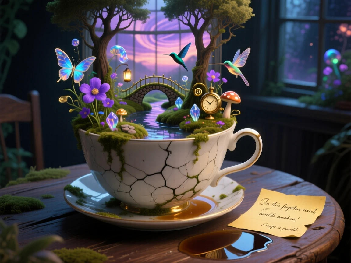 A quiet garden growing inside a forgotten teacup seems impossibly vast for such a small container, while the object itself sits quietly on an ordinary wooden table.
