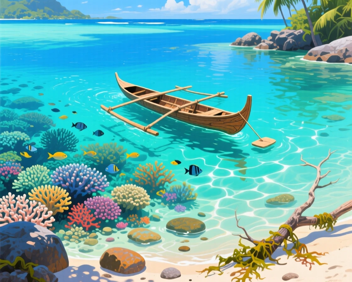 A tropical lagoon in Bora Bora glows in impossible shades of turquoise, a coral reef visible just beneath the surface, a single outrigger canoe drifting past, small natural details like scattered stones and fallen branches adding quiet interest to the ground.