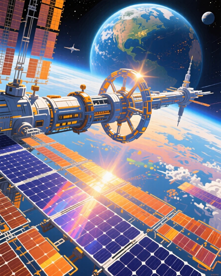 A vast space station orbiting a distant gas giant, sunlight glinting off its solar panels
