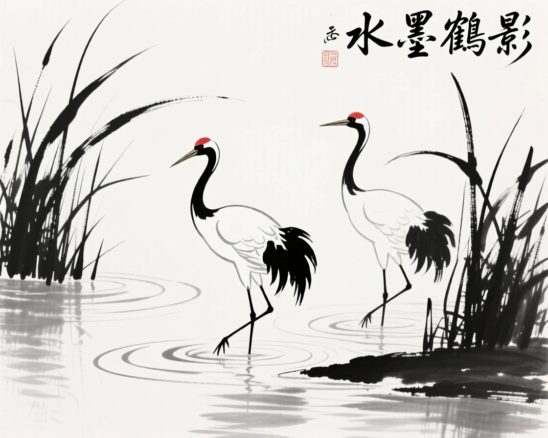 Three cranes wade among tall reeds at the water's edge, as ripples spread slowly across the water.